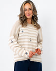 Anchors Away Taupe Stripe Sweater with embroidered navy anchor motifs, featuring long sleeves and a relaxed fit for casual everyday wear.