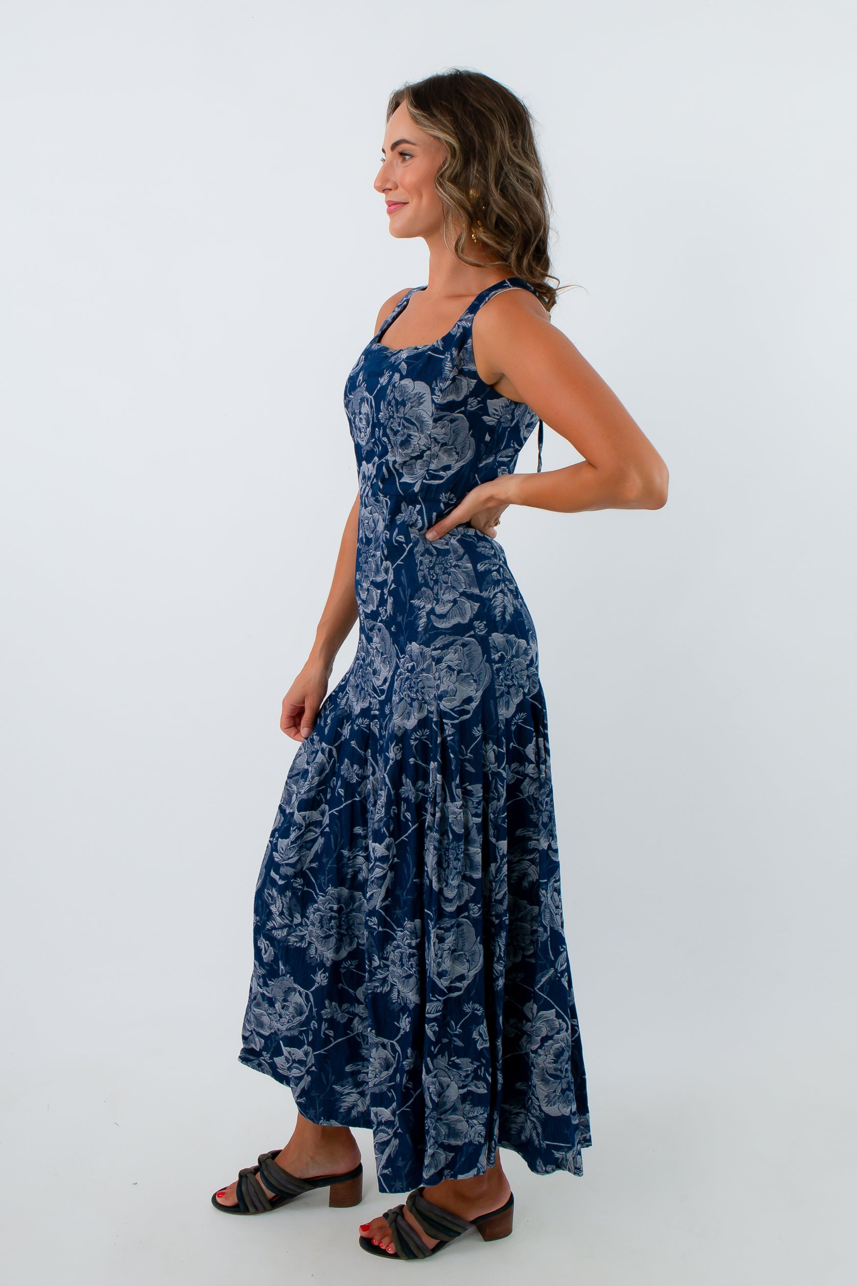 Sleeveless floral denim midi dress, 100% cotton floral midi dress, long denim dress with floral pattern