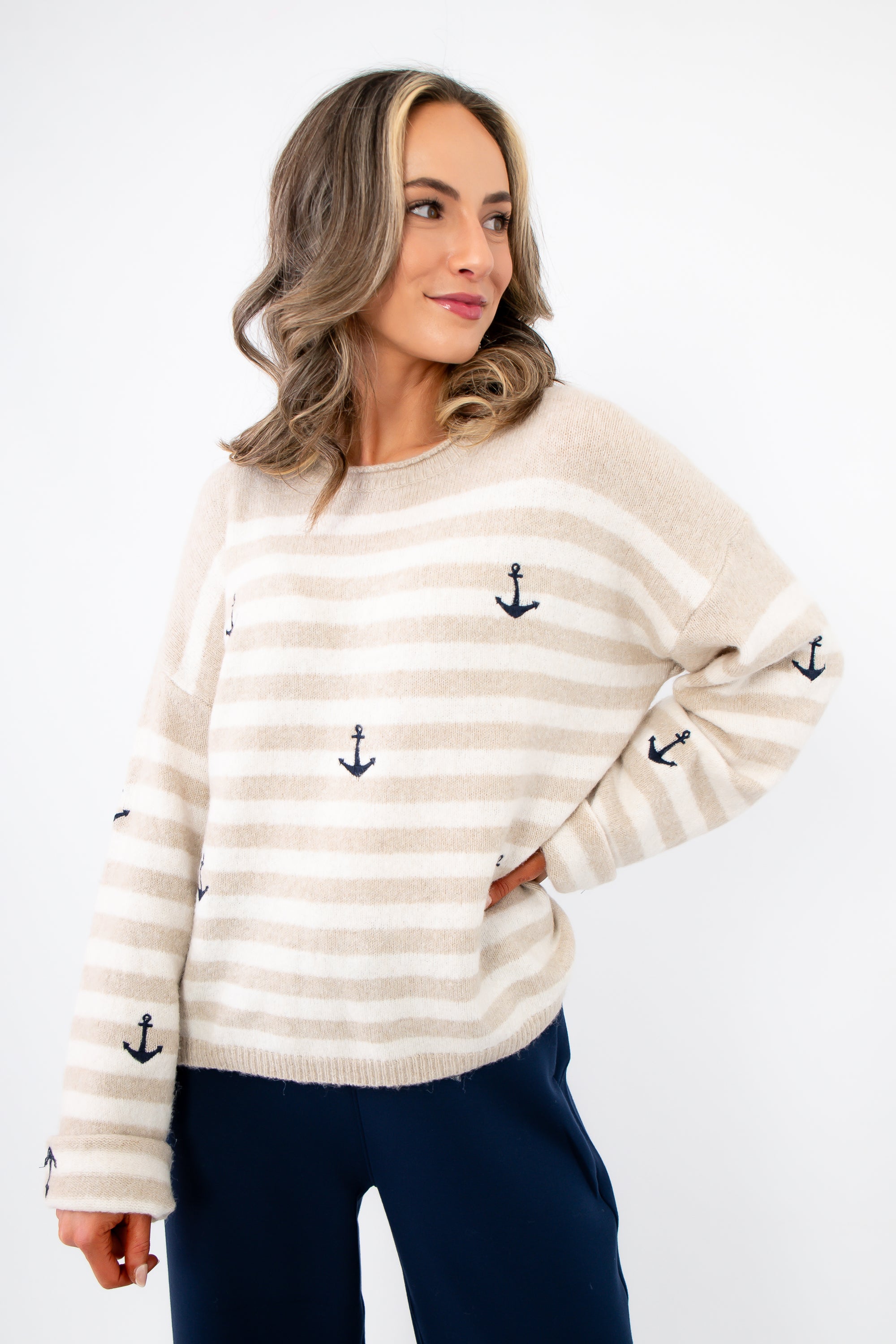 Embroidered Anchor Design on Anchors Away Taupe Stripe Sweater, showcasing soft knit fabric and nautical-inspired stripes in a cozy silhouette.