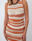 Sunset stripe knit tank top with sleeveless design, vibrant orange and cream colors, perfect for summer fashion perfect for Coachcella