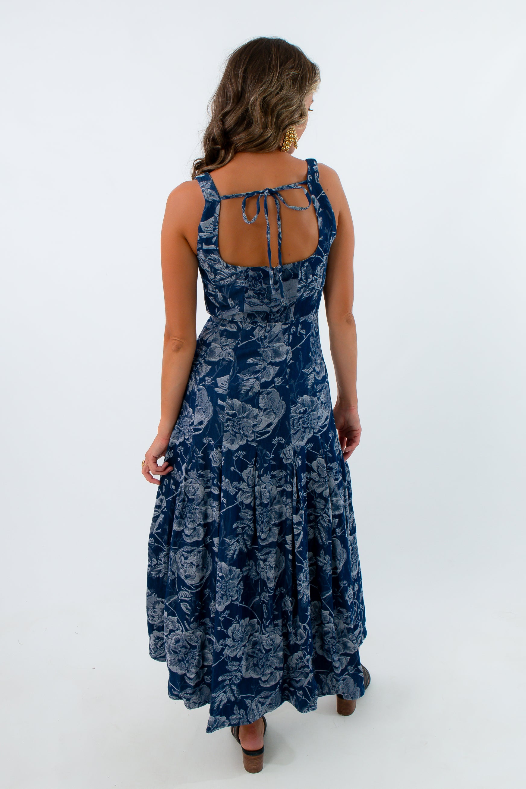 100% cotton denim midi dress with tie detail, sleeveless denim dress, floral denim dress for early fall