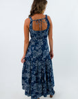 100% cotton denim midi dress with tie detail, sleeveless denim dress, floral denim dress for early fall