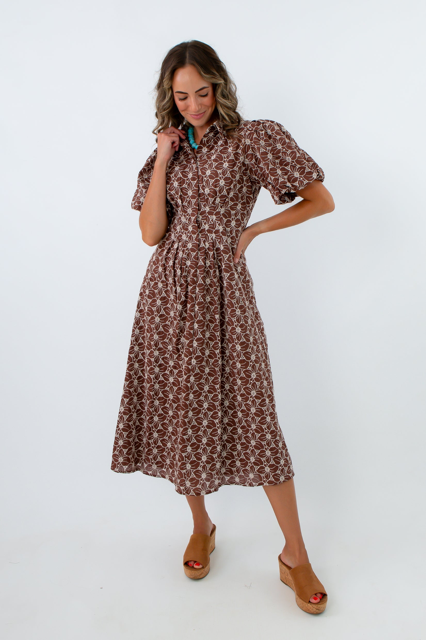Mind Your Manners Brown &amp; Ivory Floral Eyelet Midi Dress