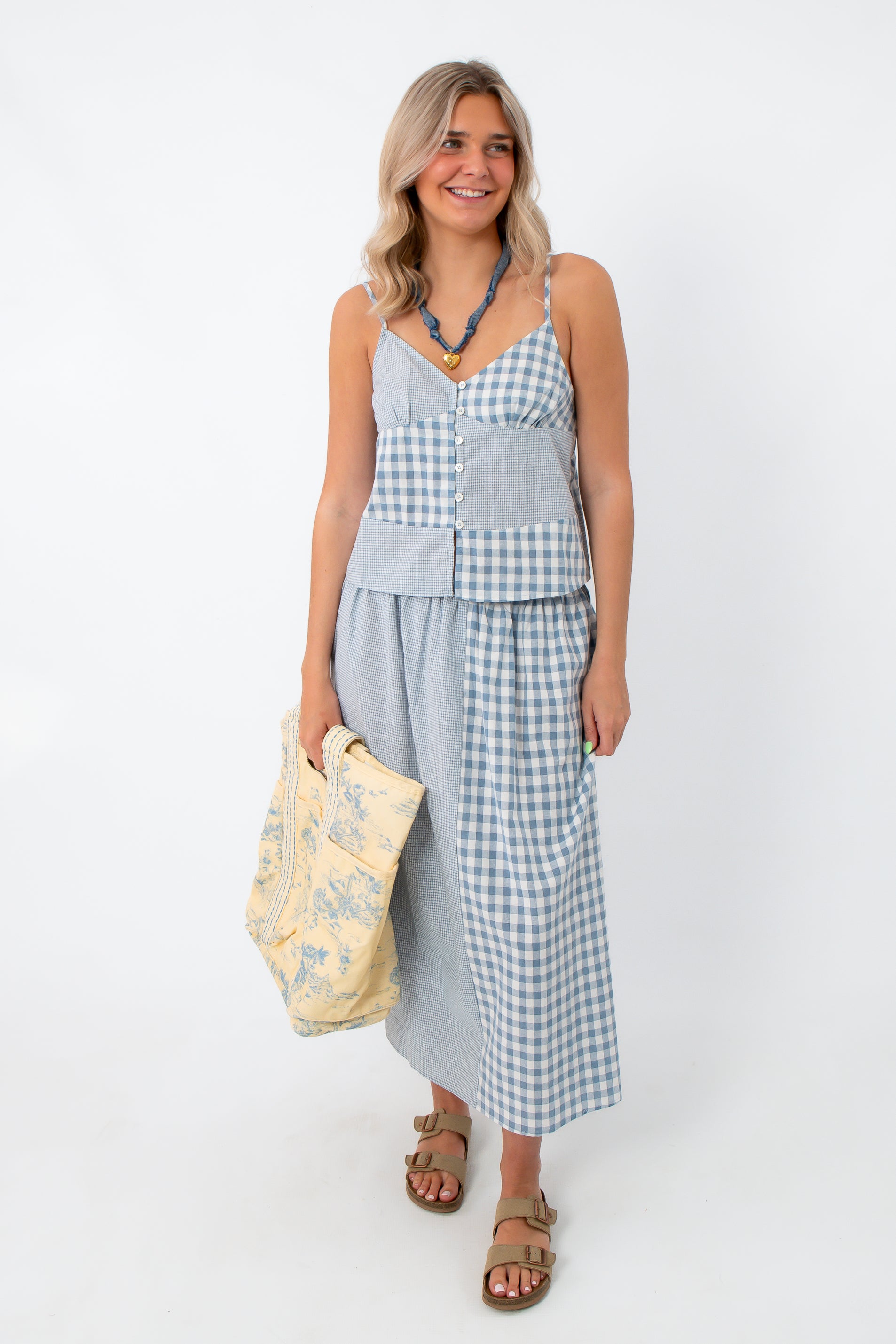 Day's End Blue Gingham Patchwork Set, two-piece midi skirt set, casual summer outfit, adjustable straps, elastic waist, pockets, blue gingham pattern