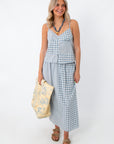 Day's End Blue Gingham Patchwork Set, two-piece midi skirt set, casual summer outfit, adjustable straps, elastic waist, pockets, blue gingham pattern