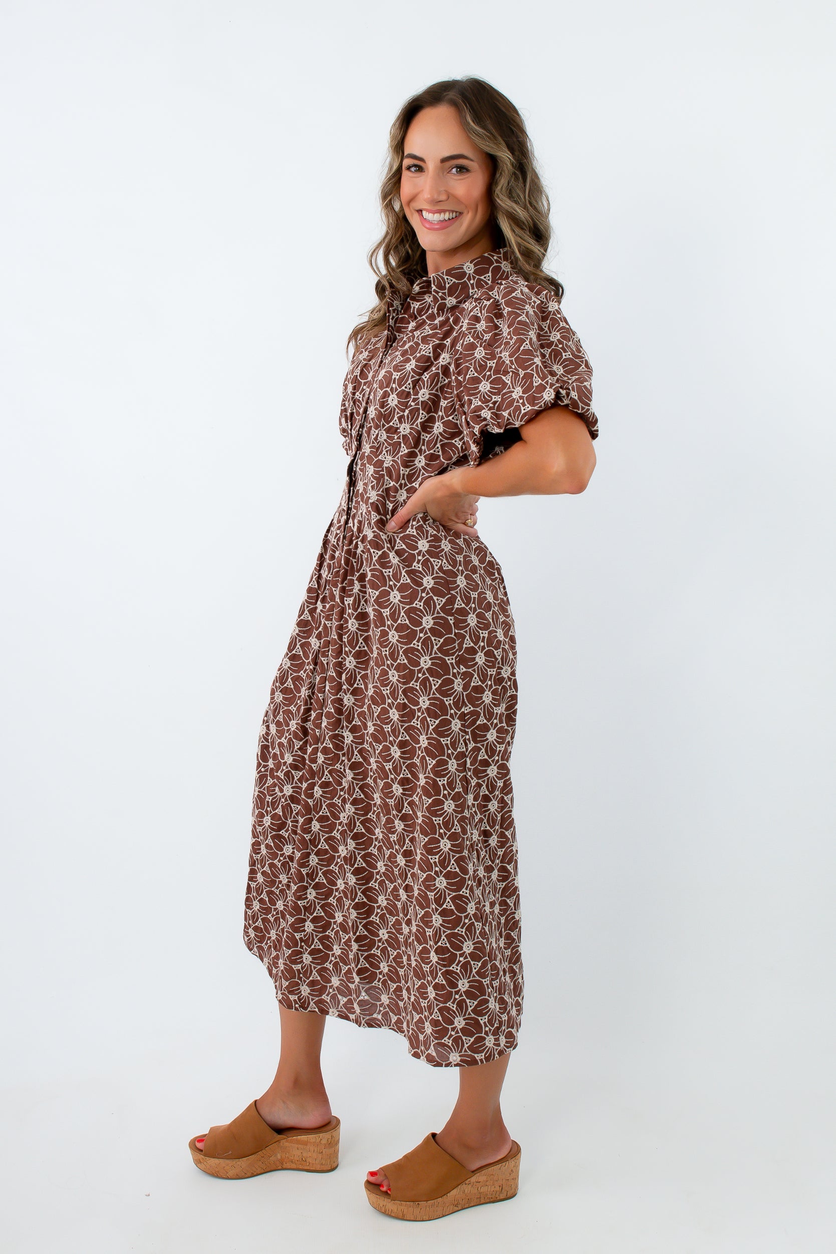 Mind Your Manners Brown &amp; Ivory Floral Eyelet Midi Dress with puff sleeves, fall workwear, fall midi dress, brown and white floral dress