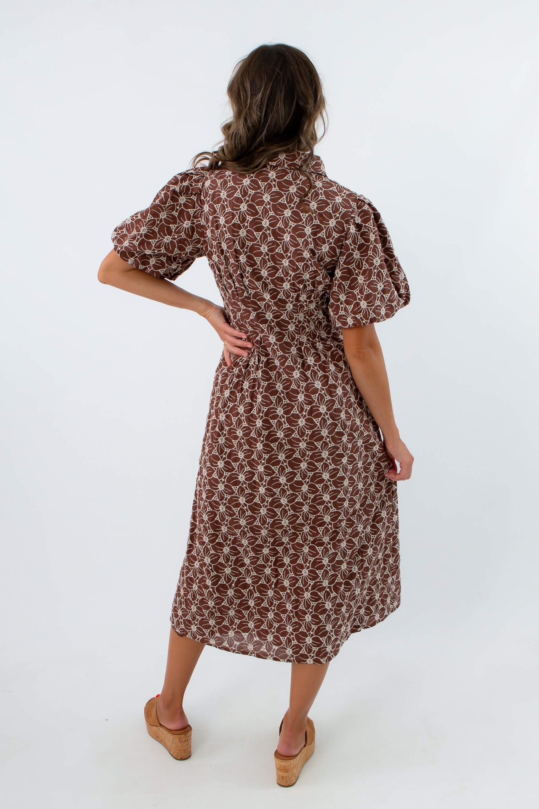 Floral eyelet collared brown midi dress for fall workwear, brown midi dress with floral detailing, brown floral midi dress