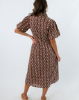 Floral eyelet collared brown midi dress for fall workwear, brown midi dress with floral detailing, brown floral midi dress