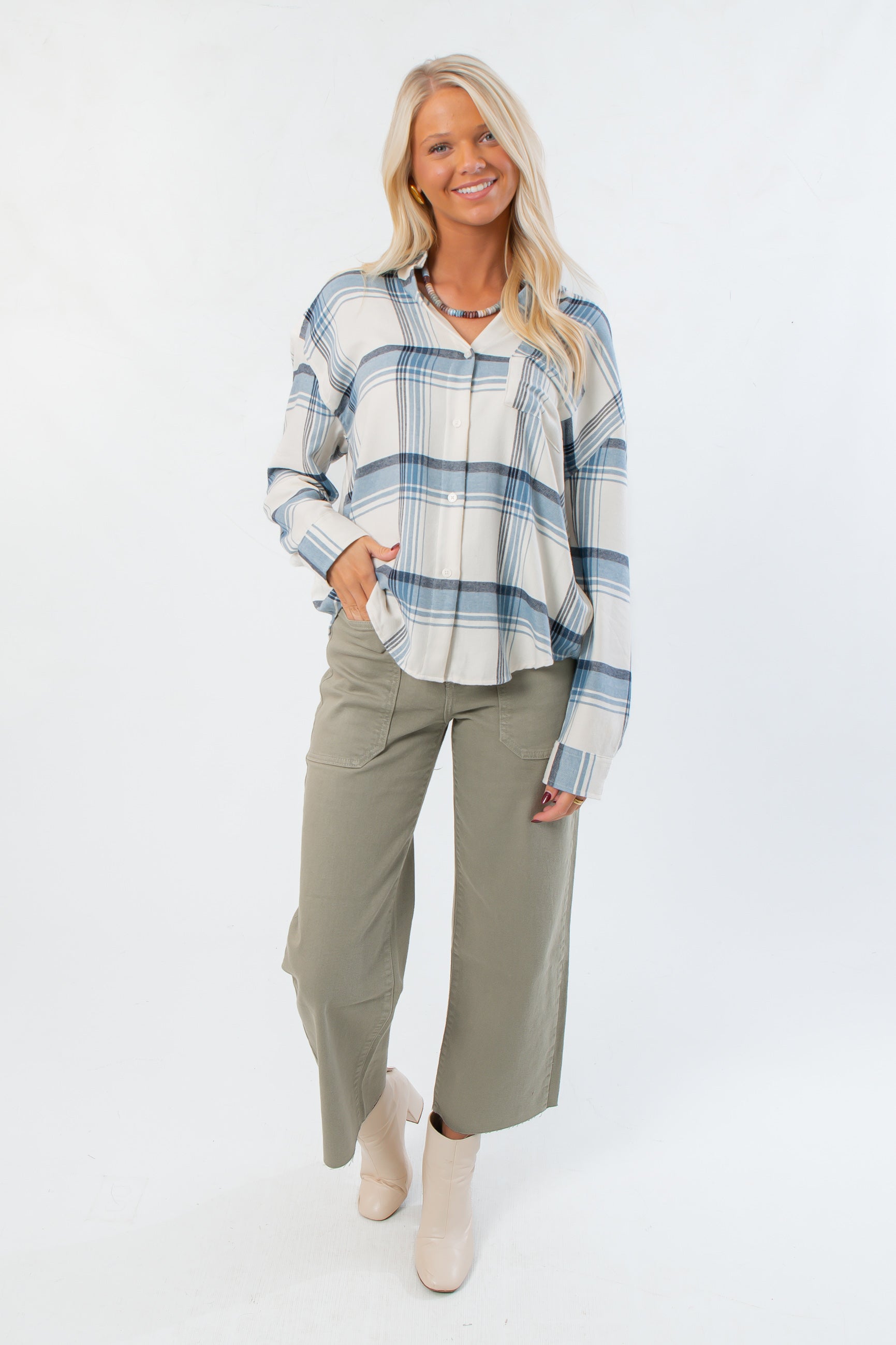 Z Supply Vintage Indigo River Plaid Button Up – Lightweight long sleeve flannel shirt styled with wide-leg pants and ankle boots for a cozy fall look.