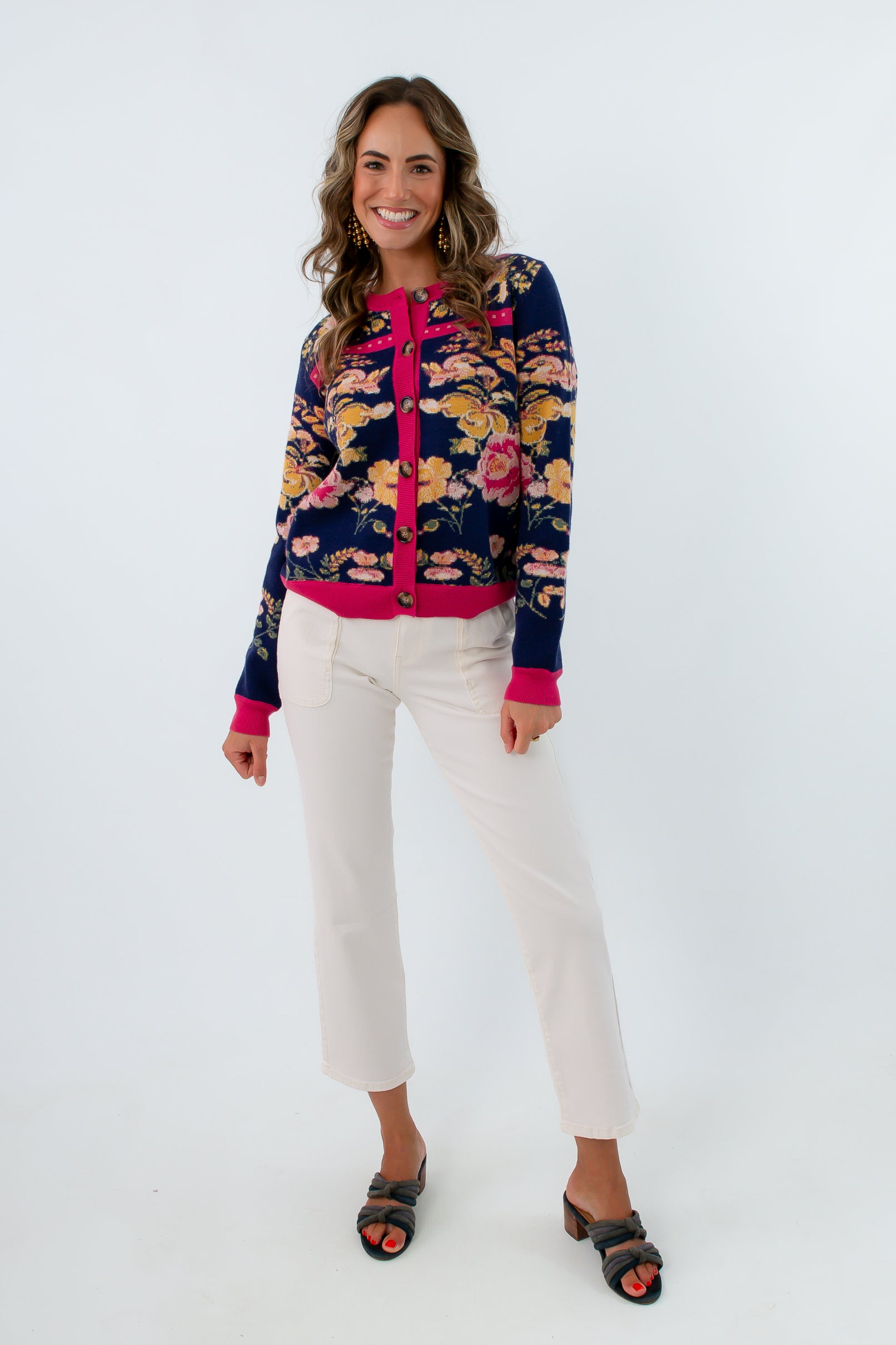 Golden Afternoon Floral Jacquard Cardigan for fall layering, colorful fall sweaters, button front cardigan