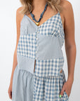 Close-up of Day's End Blue Gingham Patchwork Set, sleeveless top with button front, blue gingham patchwork design, casual summer style