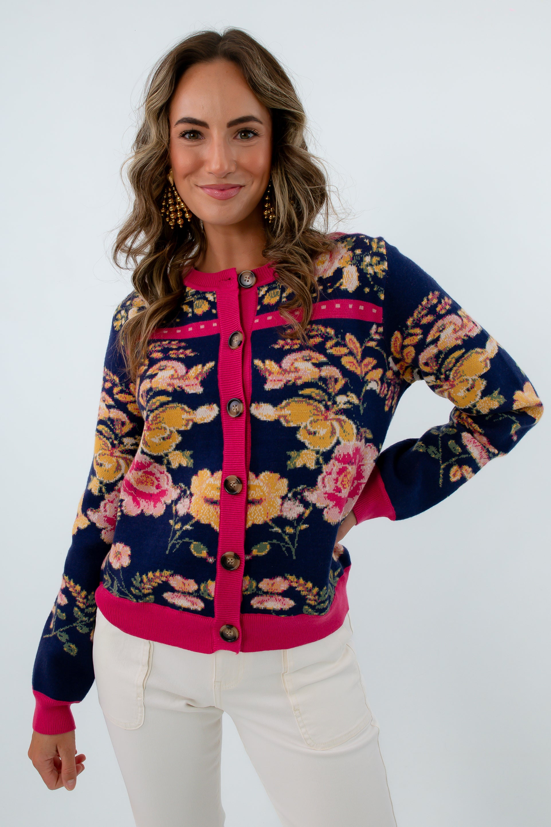 Comfortable colorful floral sweater for workwear, fall workwear, navy sweater, floral sweater, floral cardigan