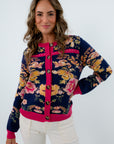 Comfortable colorful floral sweater for workwear, fall workwear, navy sweater, floral sweater, floral cardigan
