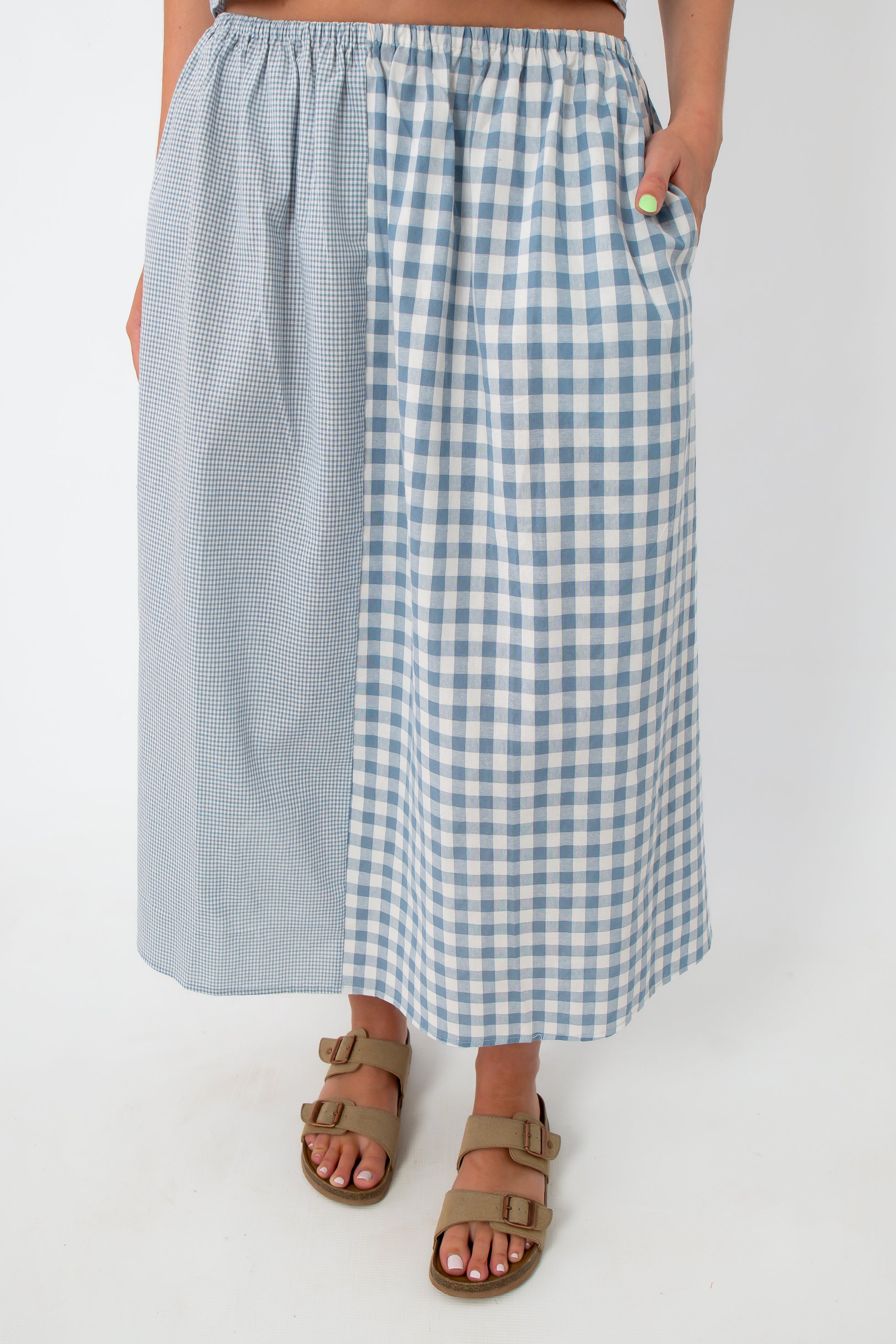 Day's End Blue Gingham Patchwork Set, wide-leg midi skirt, elastic waistband, blue gingham pattern, casual summer outfit