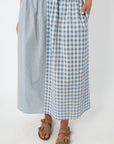 Day's End Blue Gingham Patchwork Set, wide-leg midi skirt, elastic waistband, blue gingham pattern, casual summer outfit