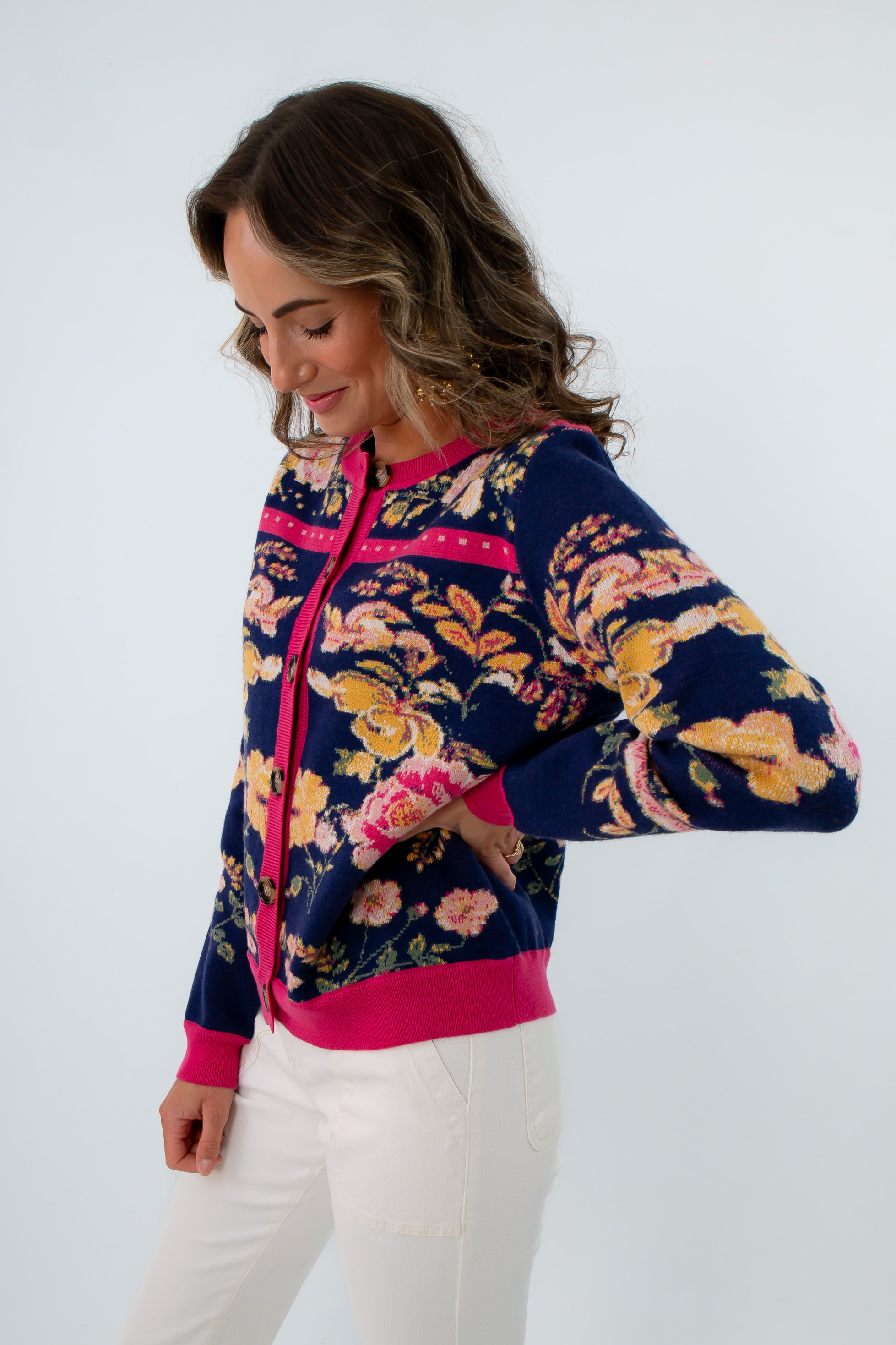 Navy floral button front cardigan for women, women's fall workwear, women's fall layering pieces, button front cardigans