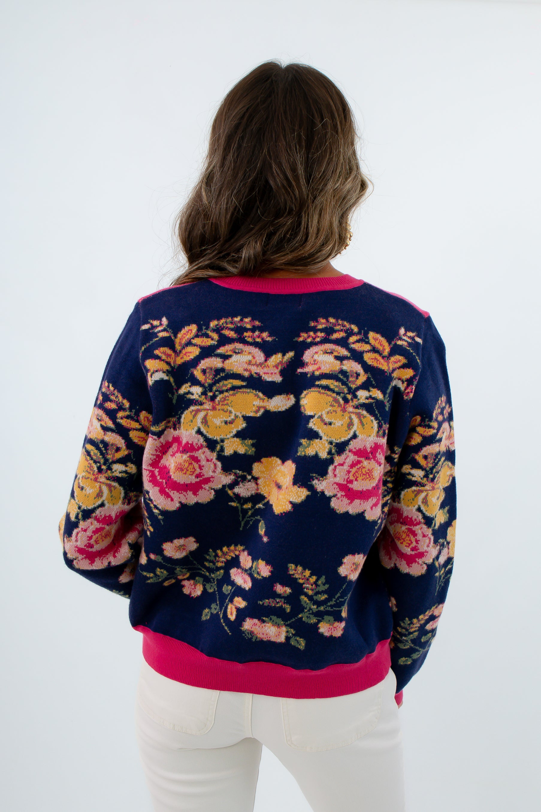 Navy cardigan with floral pattern, Navy sweater with floral pattern, navy sweater with buttons, fall workwear
