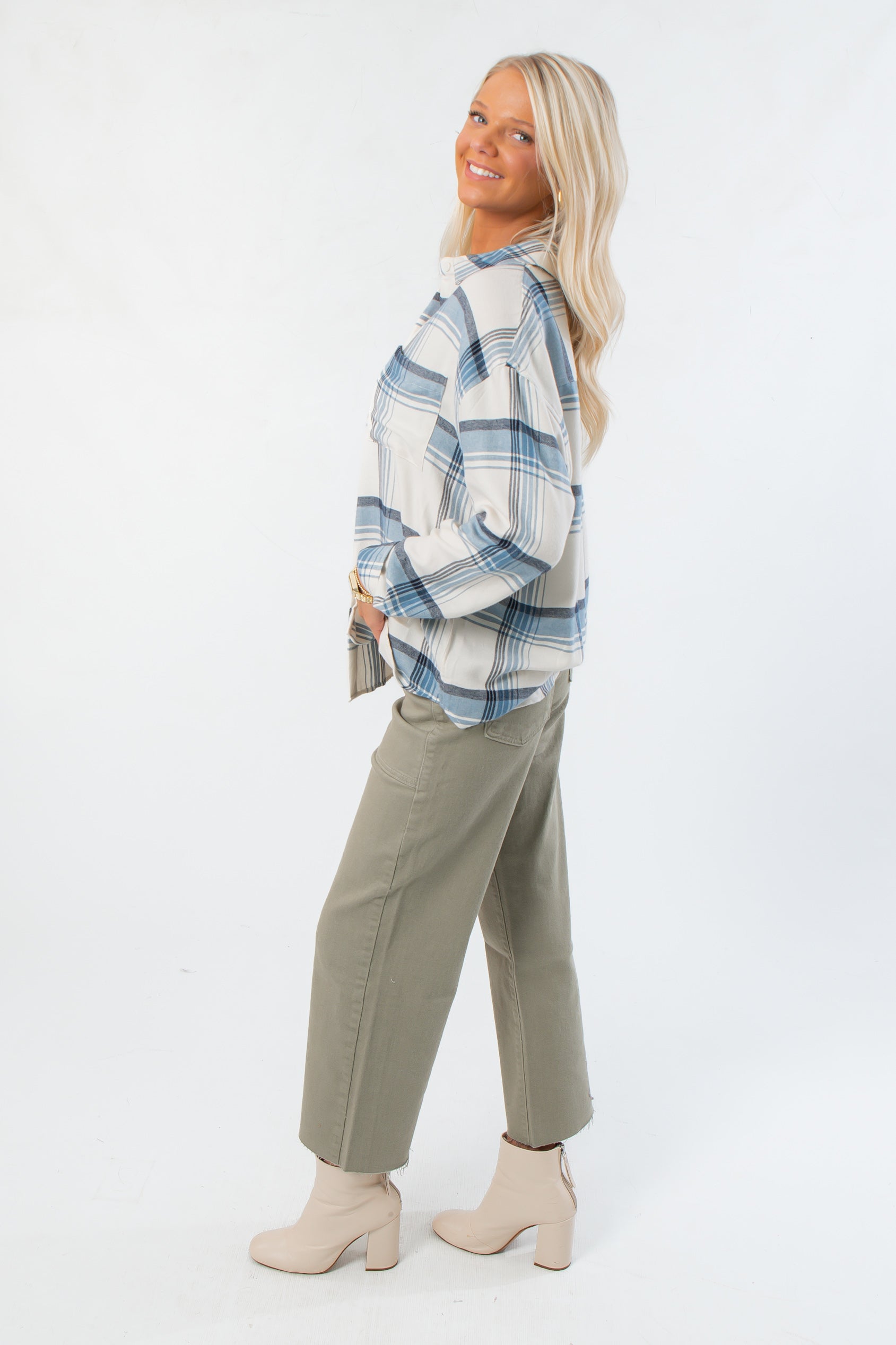 Z Supply Vintage Indigo River Plaid Button Up – Side view of soft plaid flannel shirt with drop shoulders and curved hem, ideal for lounge or casual wear.