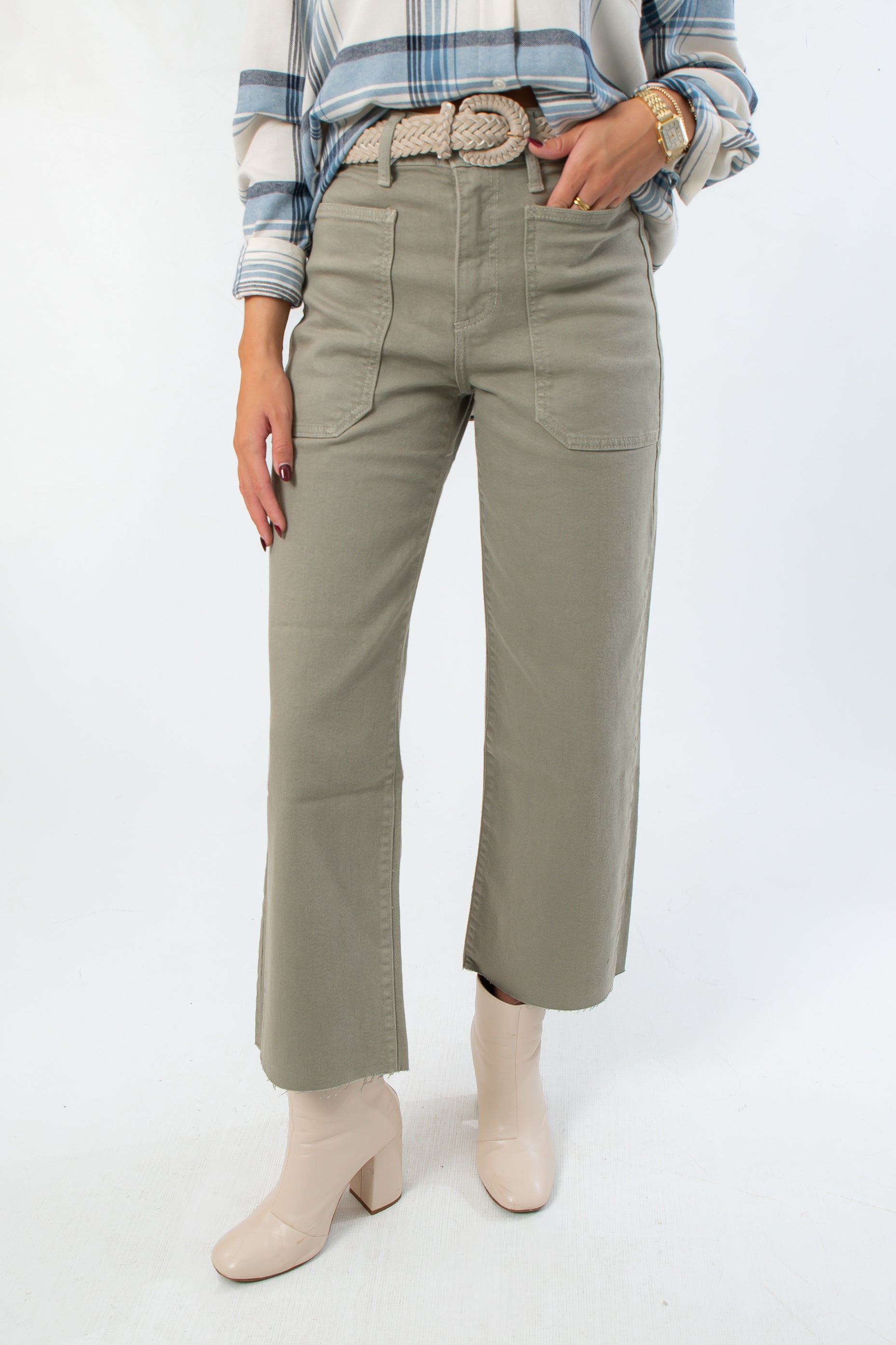 Rosemary Utility Wide Leg Jeans in faded green with high rise fit and front cargo pockets, styled with a woven belt and ankle boots.