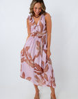lavender and brown floral pattern midi dress