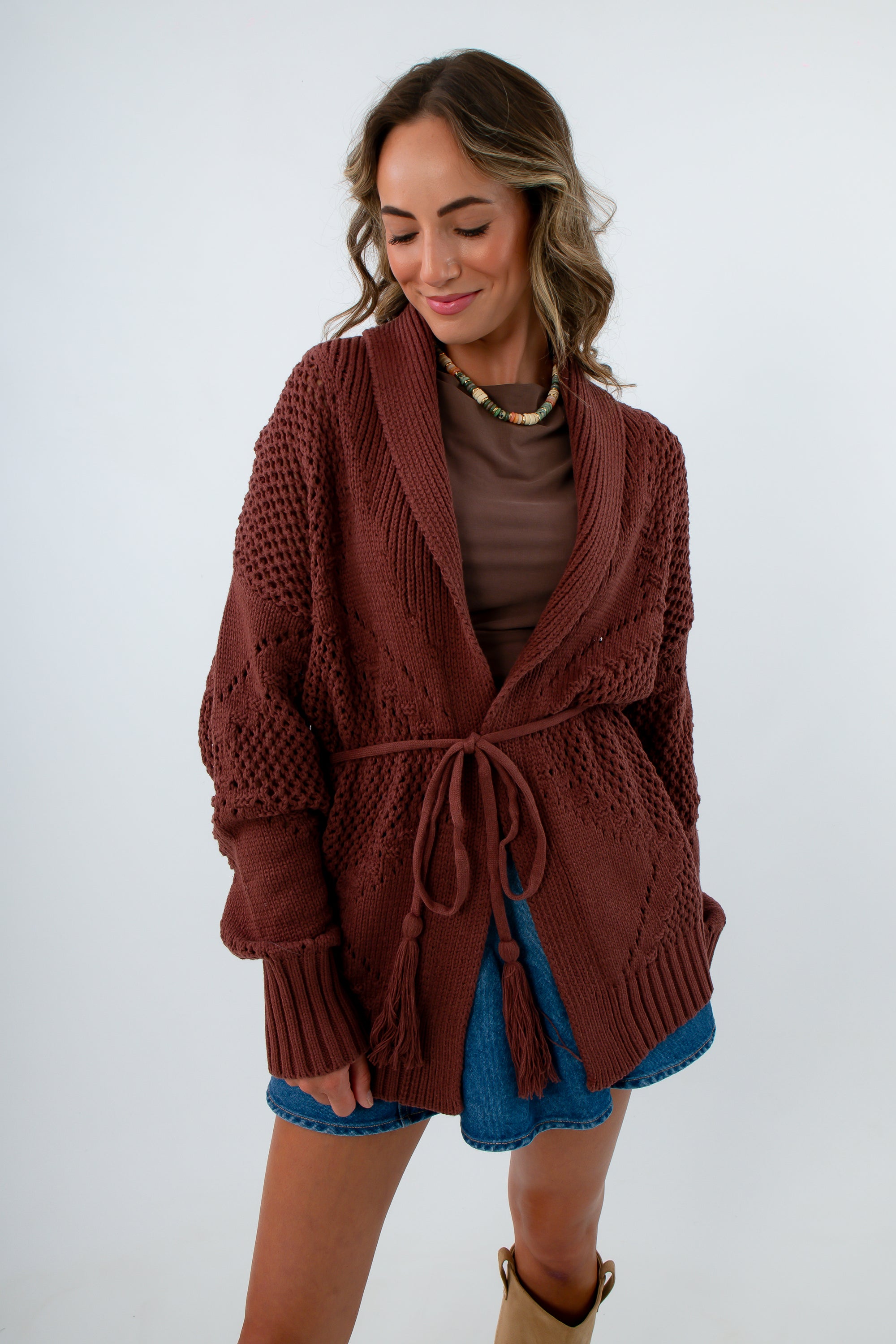 Stylish fall outerwear dark brown belted cardigan, brown cardigan with tie around the waist