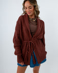 Stylish fall outerwear dark brown belted cardigan, brown cardigan with tie around the waist