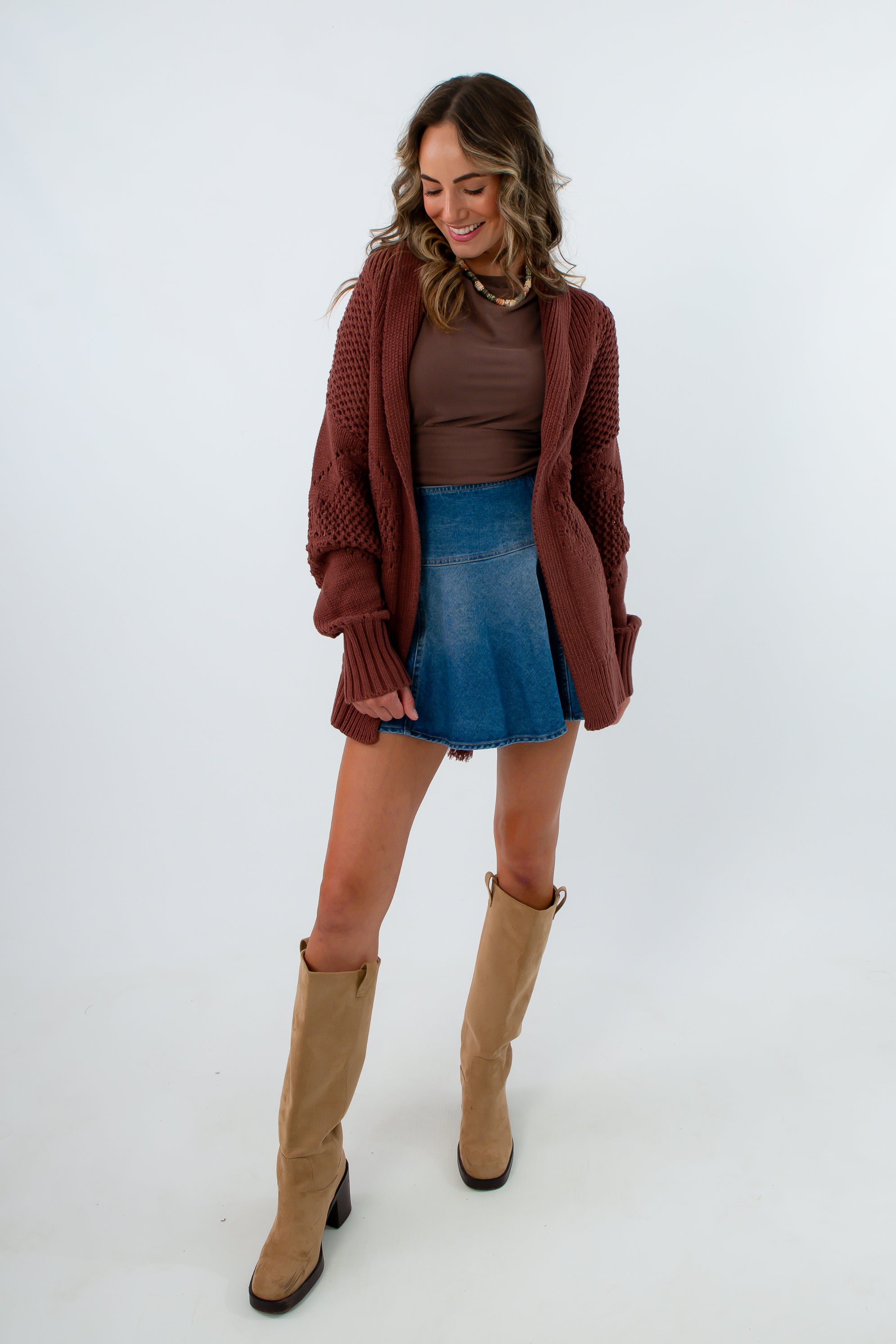 Dark brown open cardigan with tie waist belt and tassels, dark brown cardigan, fall layering pieces