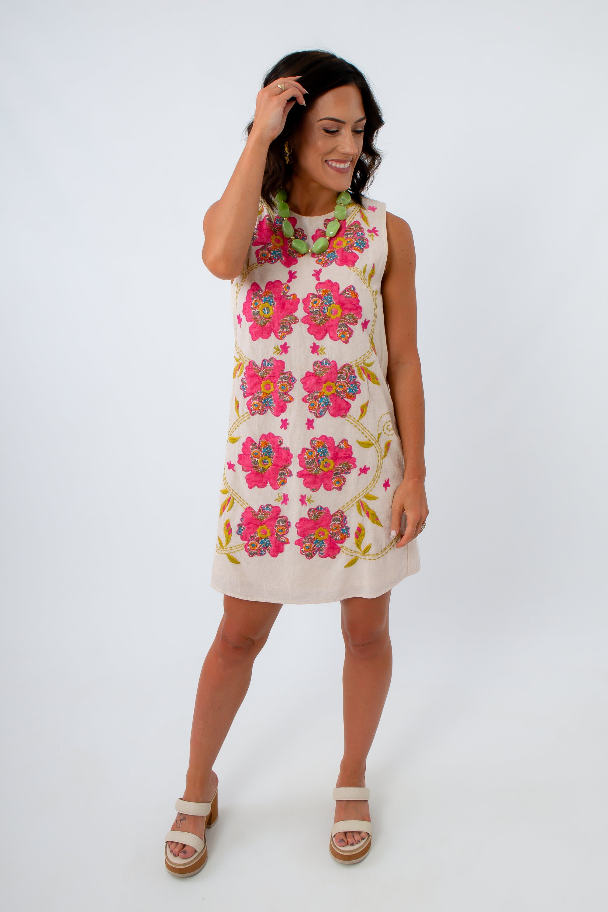 thml floral shift dress with pink and green applique