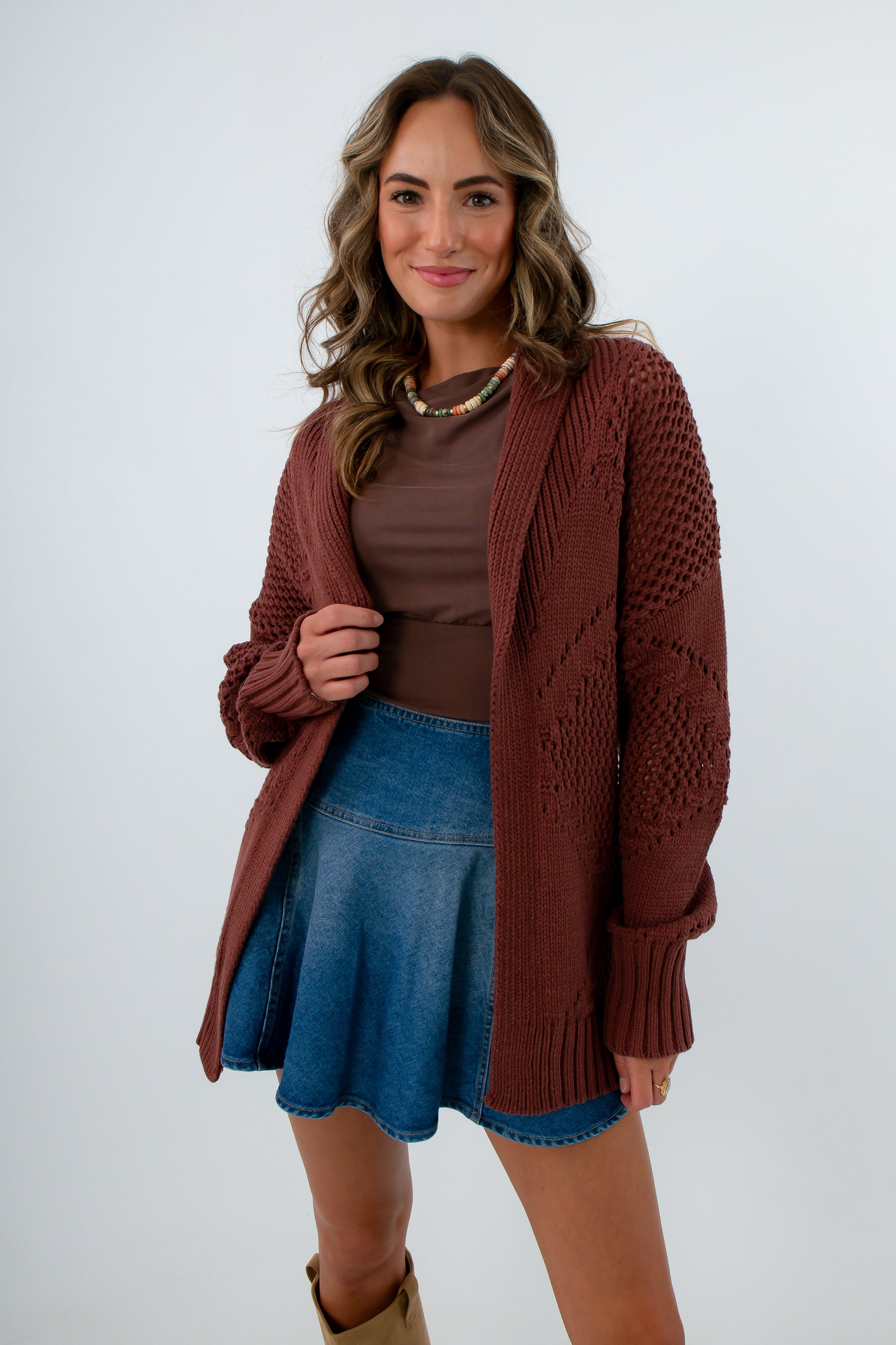 Cozy knit cardigan perfect for fall layering, brown cardigan for fall, brown open cardigan