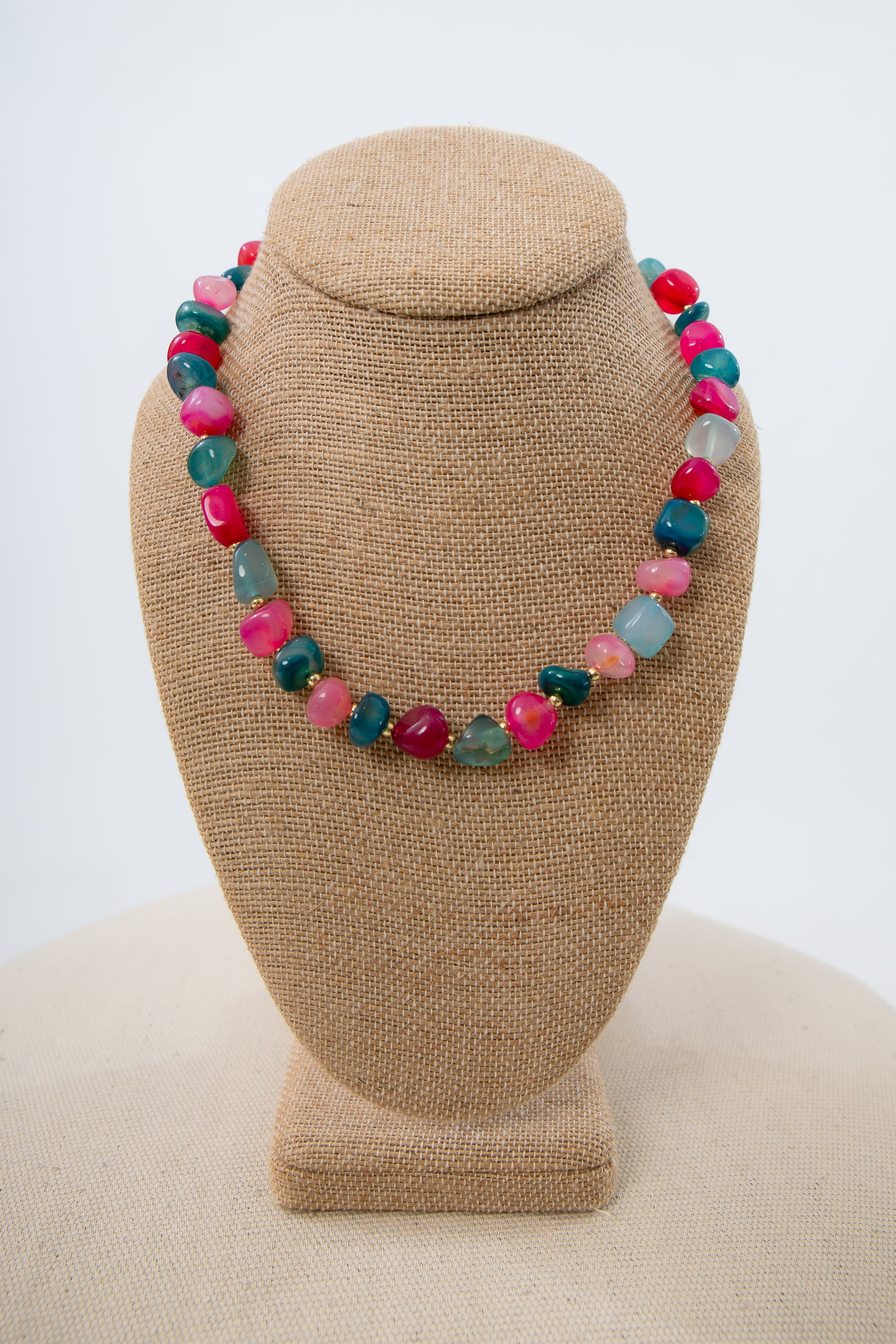 Tumbled Stones Pink &amp; Teal Beaded Necklace