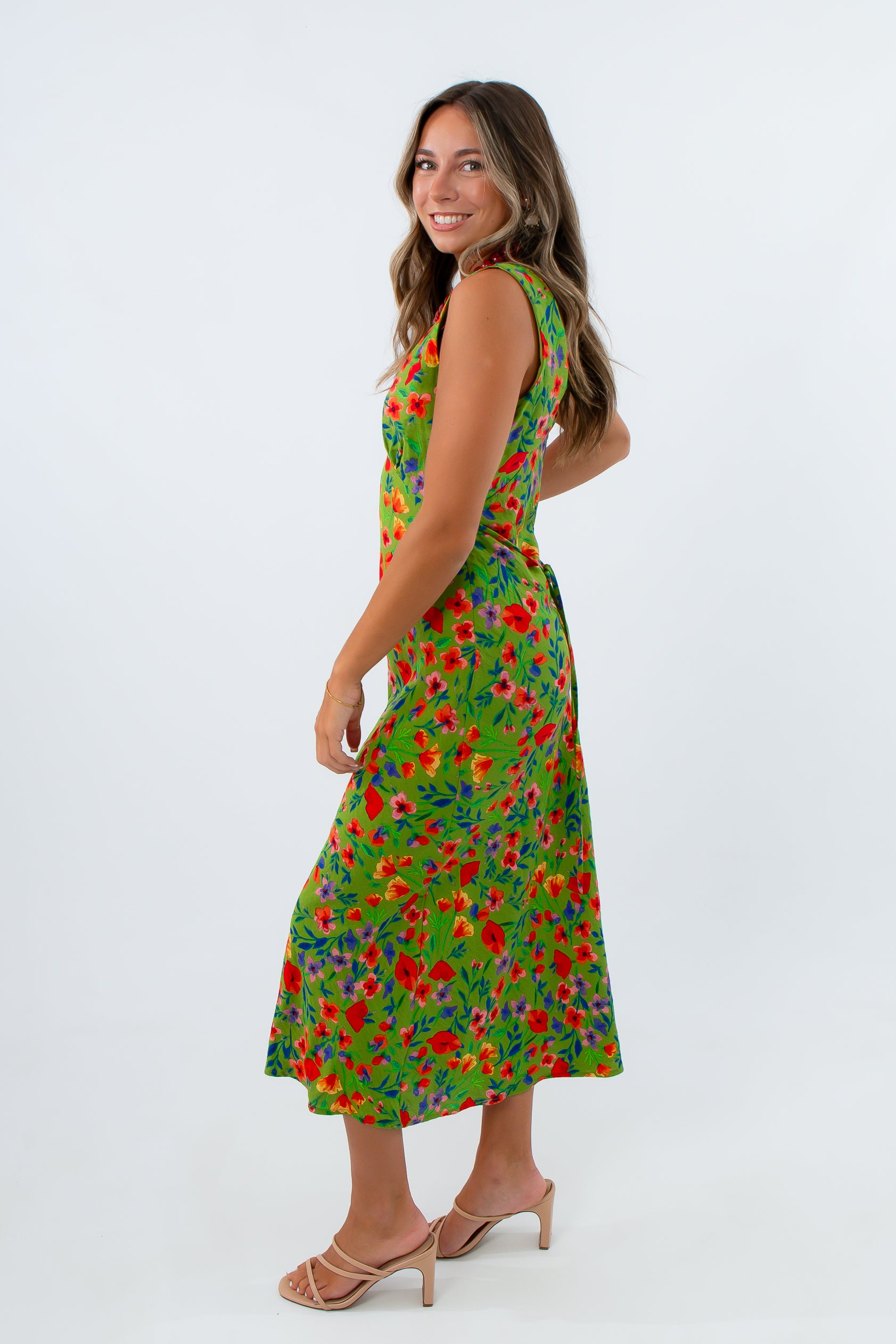 Lined sleeveless green floral midi dress for weddings, fall wedding guest dress, floral wedding guest dress, green wedding guest dress