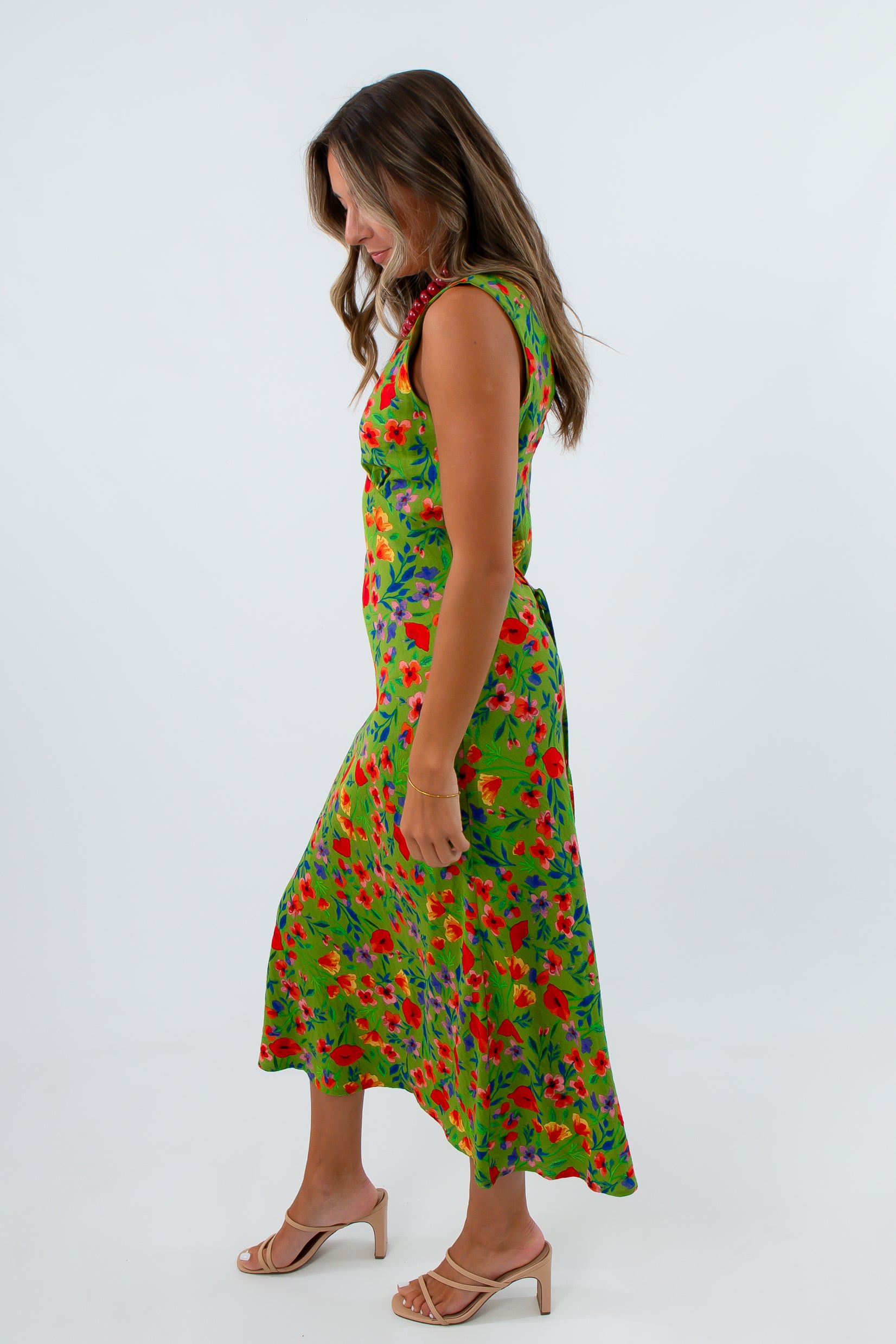Fall wedding guest dress with deep v neckline, green floral midi dress, long green dress, long floral dress