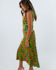 Fall wedding guest dress with deep v neckline, green floral midi dress, long green dress, long floral dress