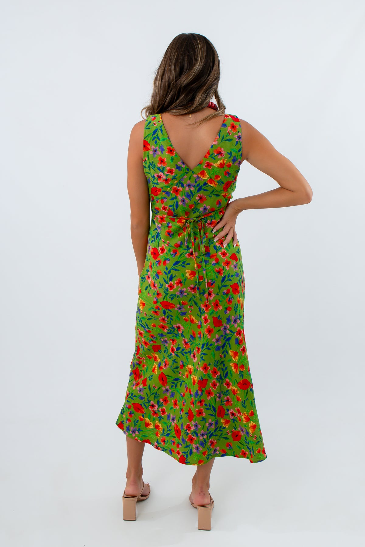 Lightweight green floral midi dress for special occasions, elegant floral dress, elegant green dress, long green floral dress