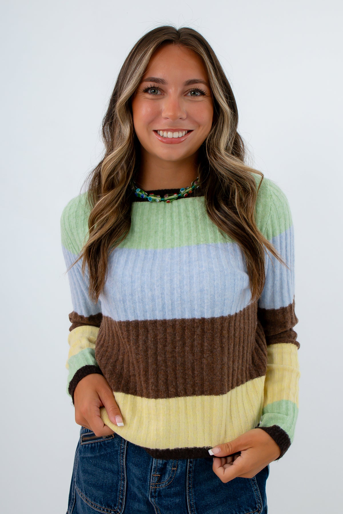 Lightweight ribbed fall sweater with stripes, striped sweater, brown striped sweater