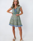 Alicia Lagoon Blockprint Sleeveless Mini Dress with floral pattern and ruffled sleeves