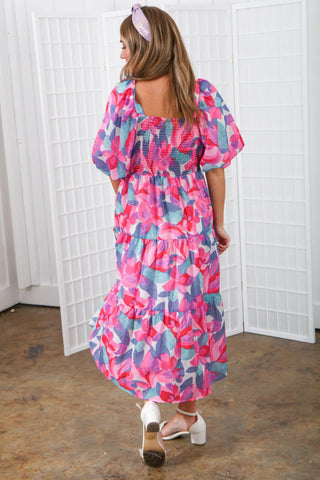 THML Dahlia Pink Print Midi Dress-THML-L. Mae Boutique