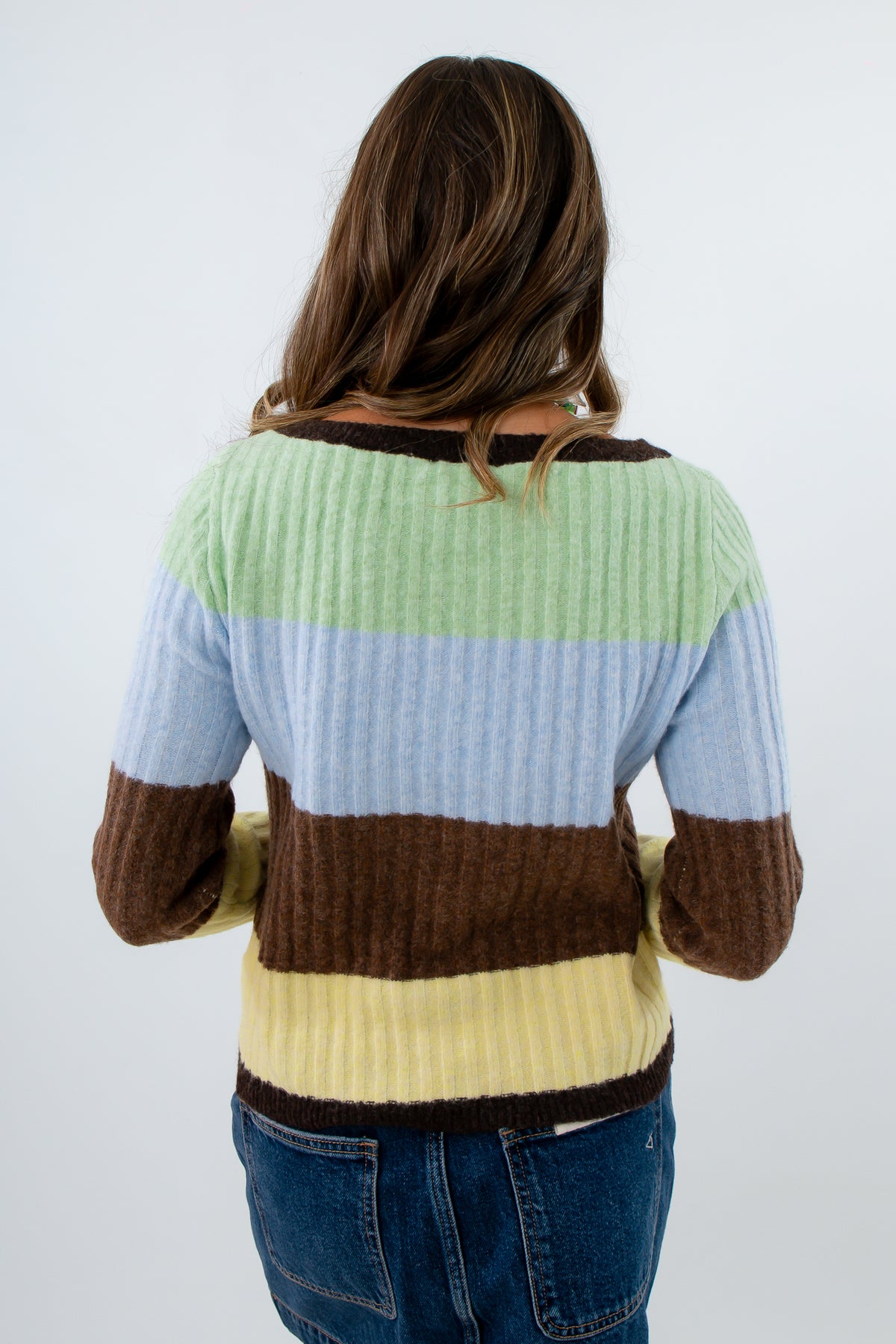 Lightweight sweater with green yellow blue and brown stripes, striped long sleeve top, striped lightweight sweater
