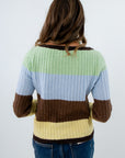 Lightweight sweater with green yellow blue and brown stripes, striped long sleeve top, striped lightweight sweater