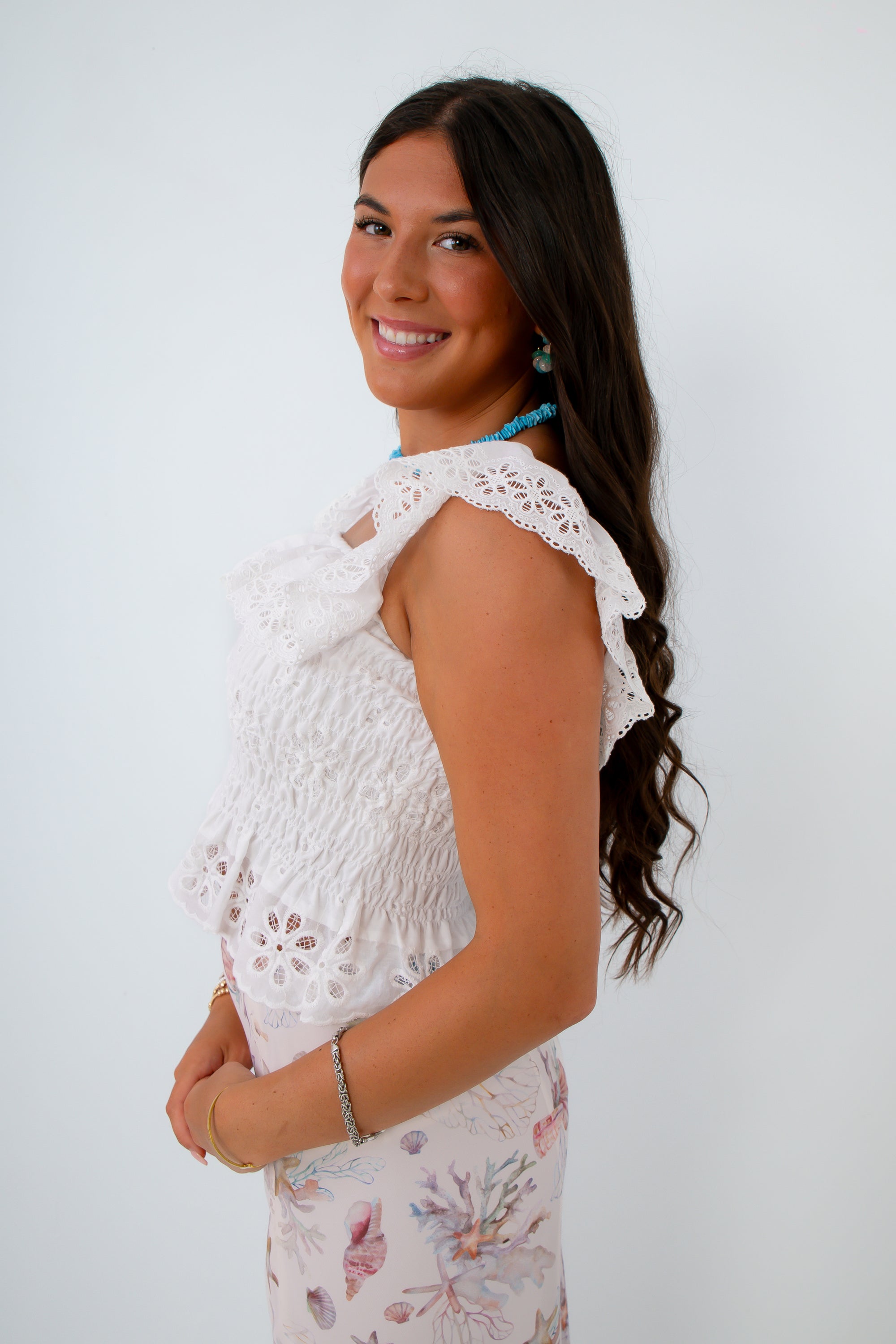 White Eyelet Smocked Top