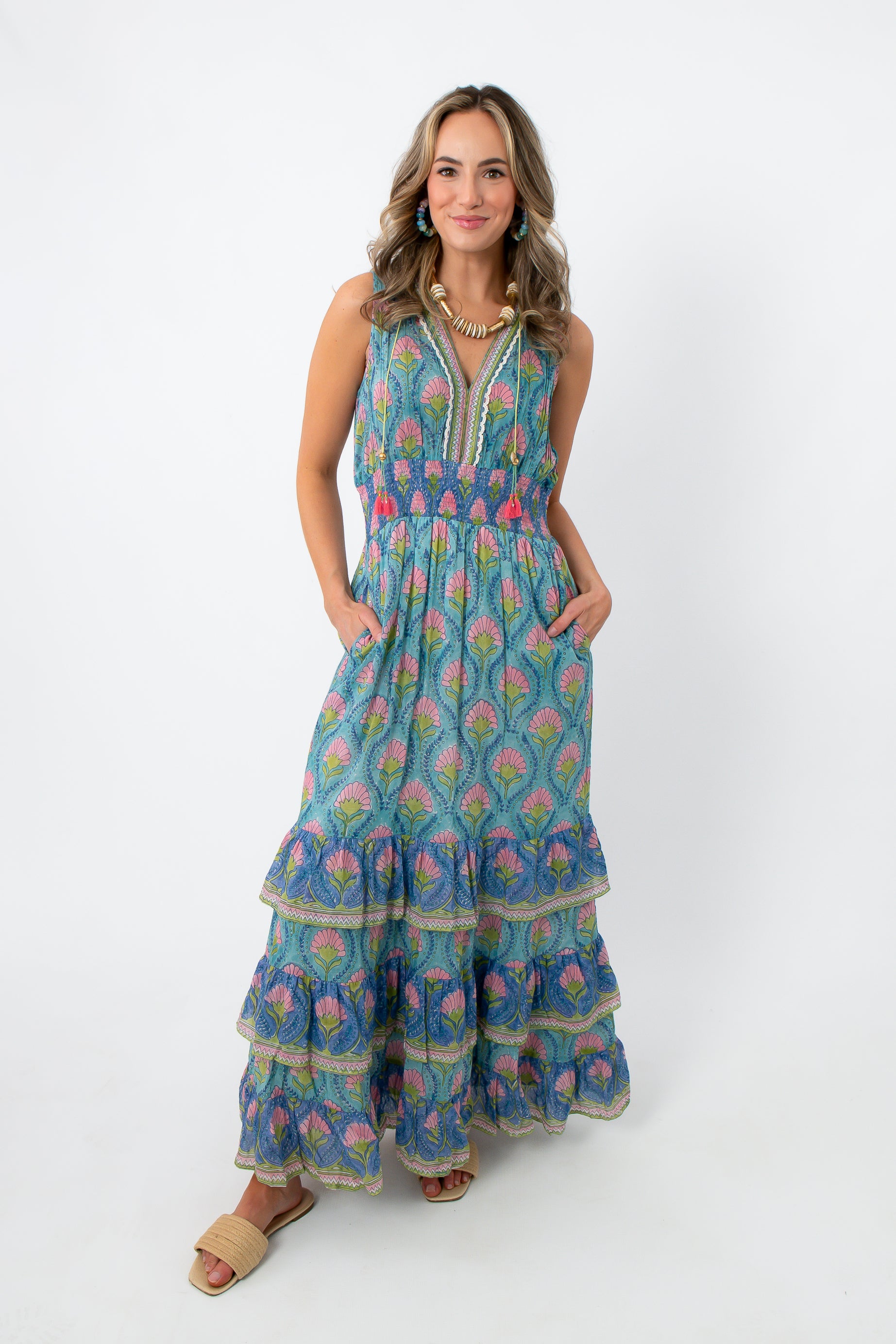 Side view of vibrant floral maxi dress with pockets and tiered hem