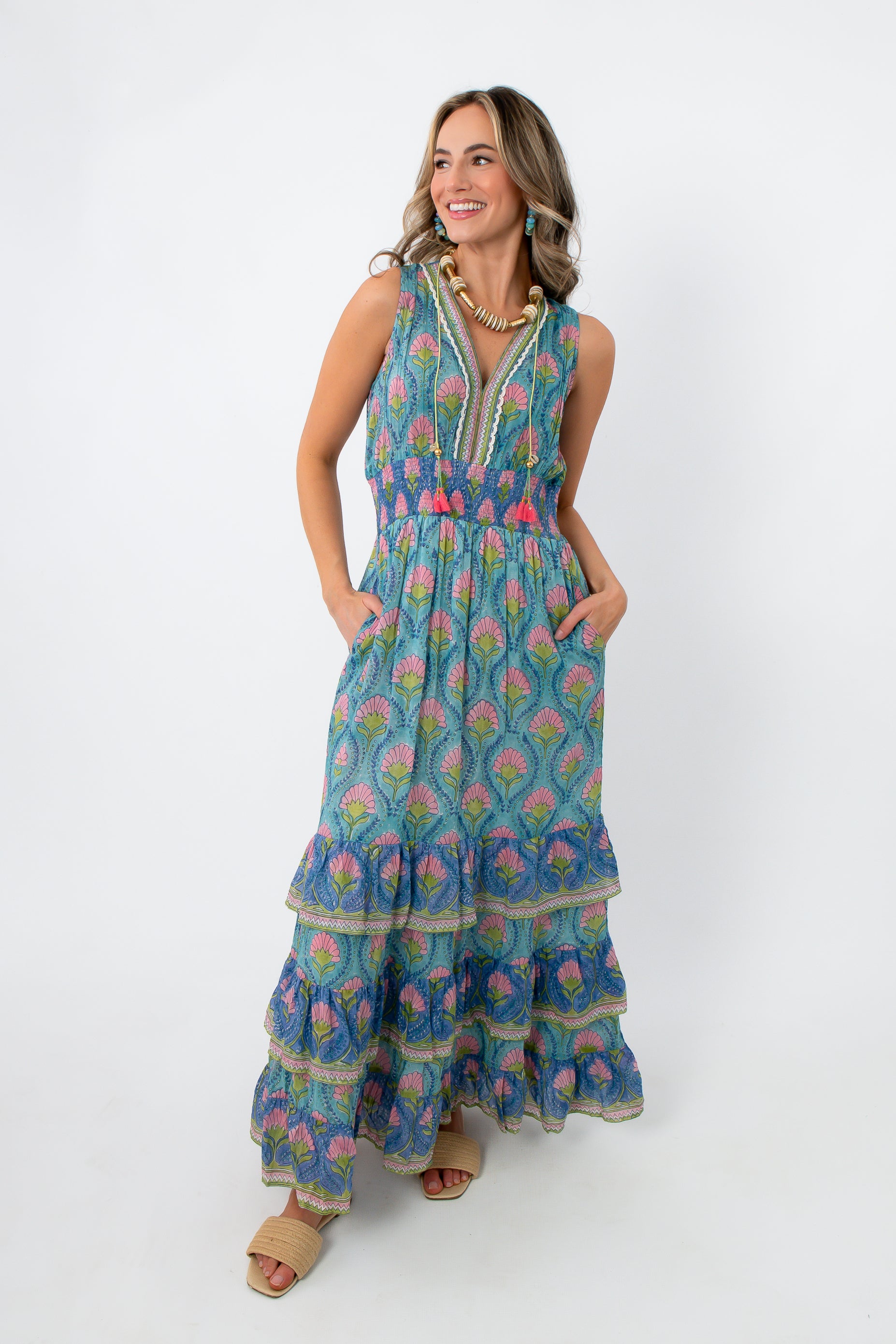 Colorful floral maxi dress with tiered skirt and sleeveless design
