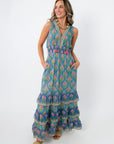 Colorful floral maxi dress with tiered skirt and sleeveless design