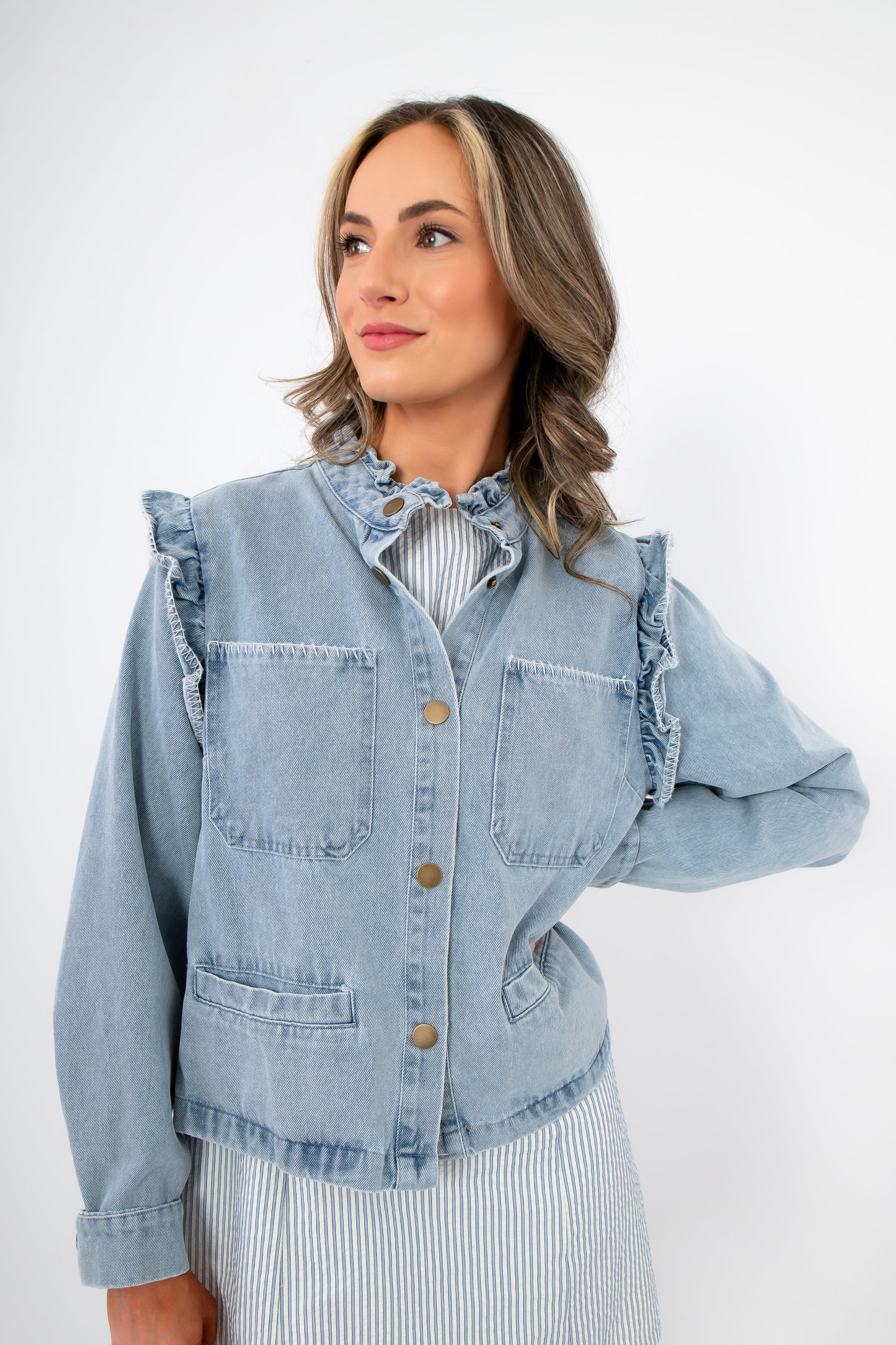 Ruffle-Trim Light Wash Denim Jacket– Stylish Women's Blouse – L