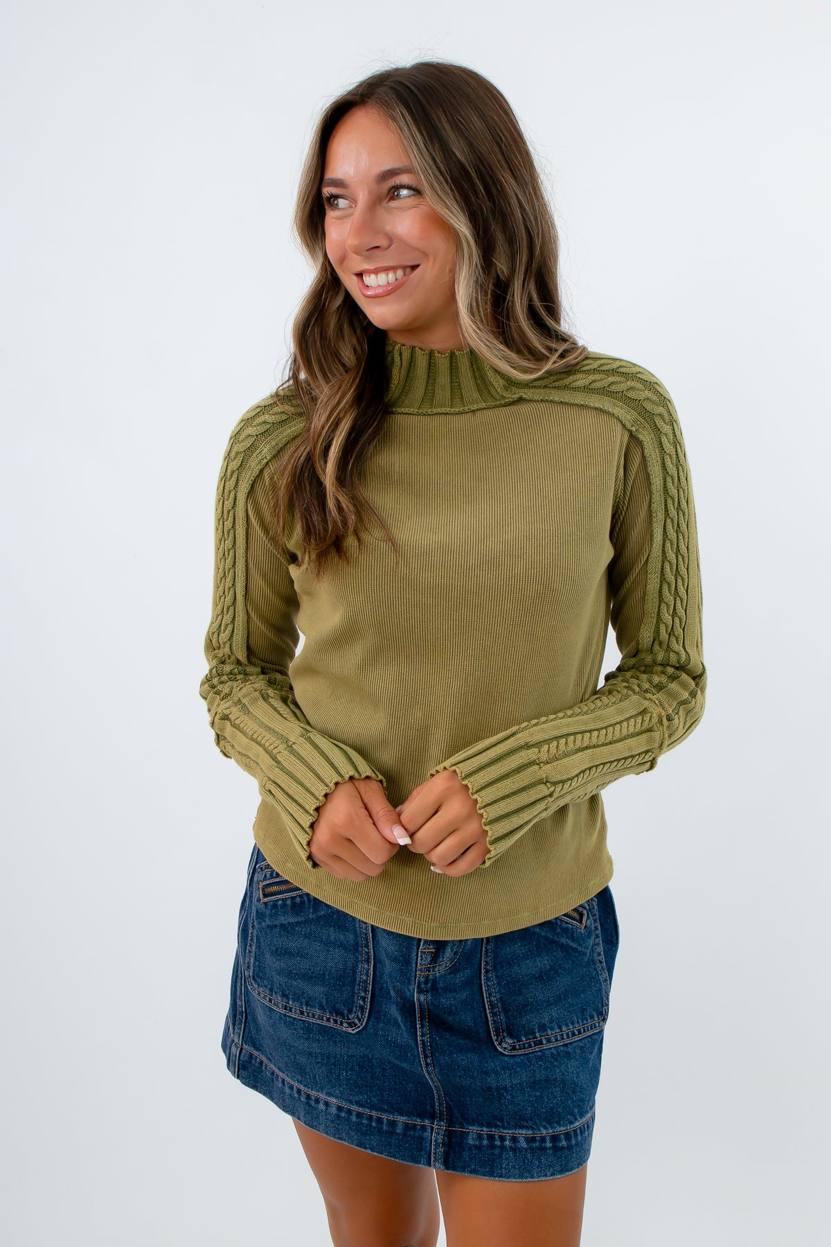 Vintage Moss Cable Knit Ribbed Sweater