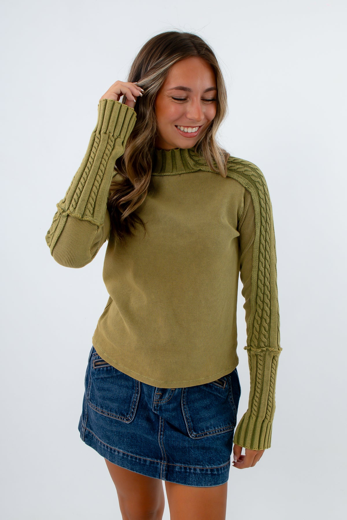 Vintage moss cable knit ribbed sweater for fall, green turtleneck, green cable knit sweater, green ribbed sweater