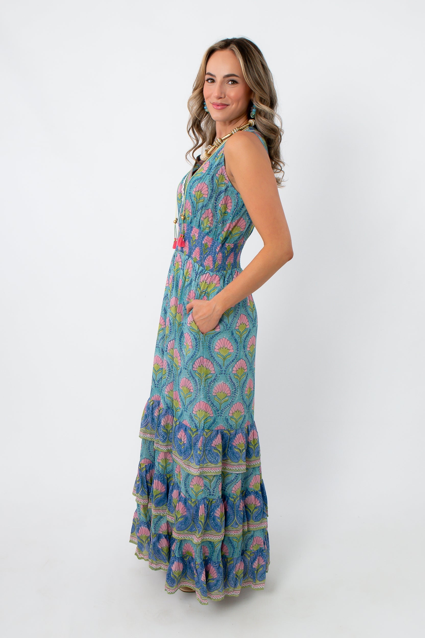 Back view of floral maxi dress showcasing detailed pattern and fit