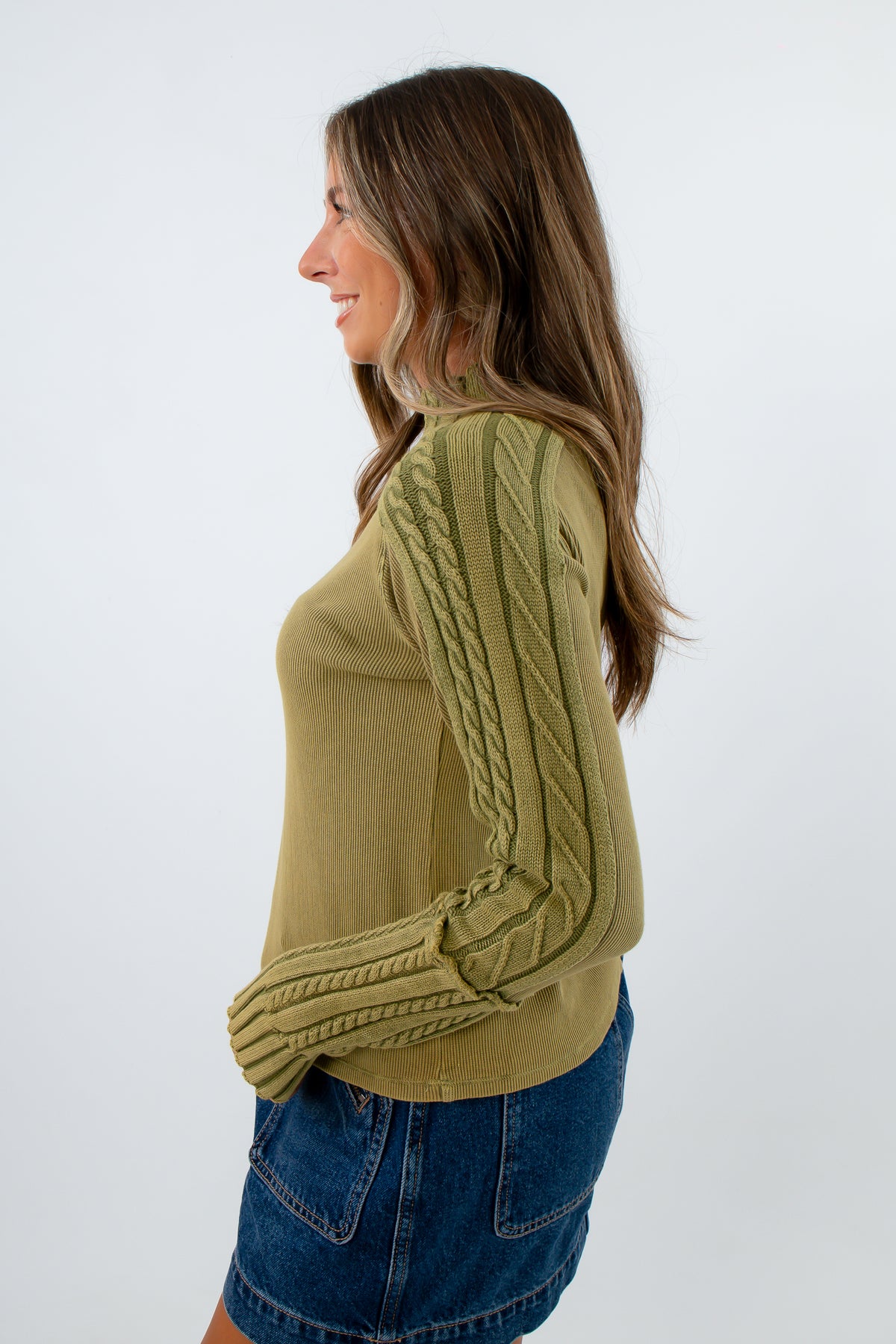 Comfortable moss green cable knit sweater with turtle neckline, Free People turtleneck sweater, olive green cable knit sweater