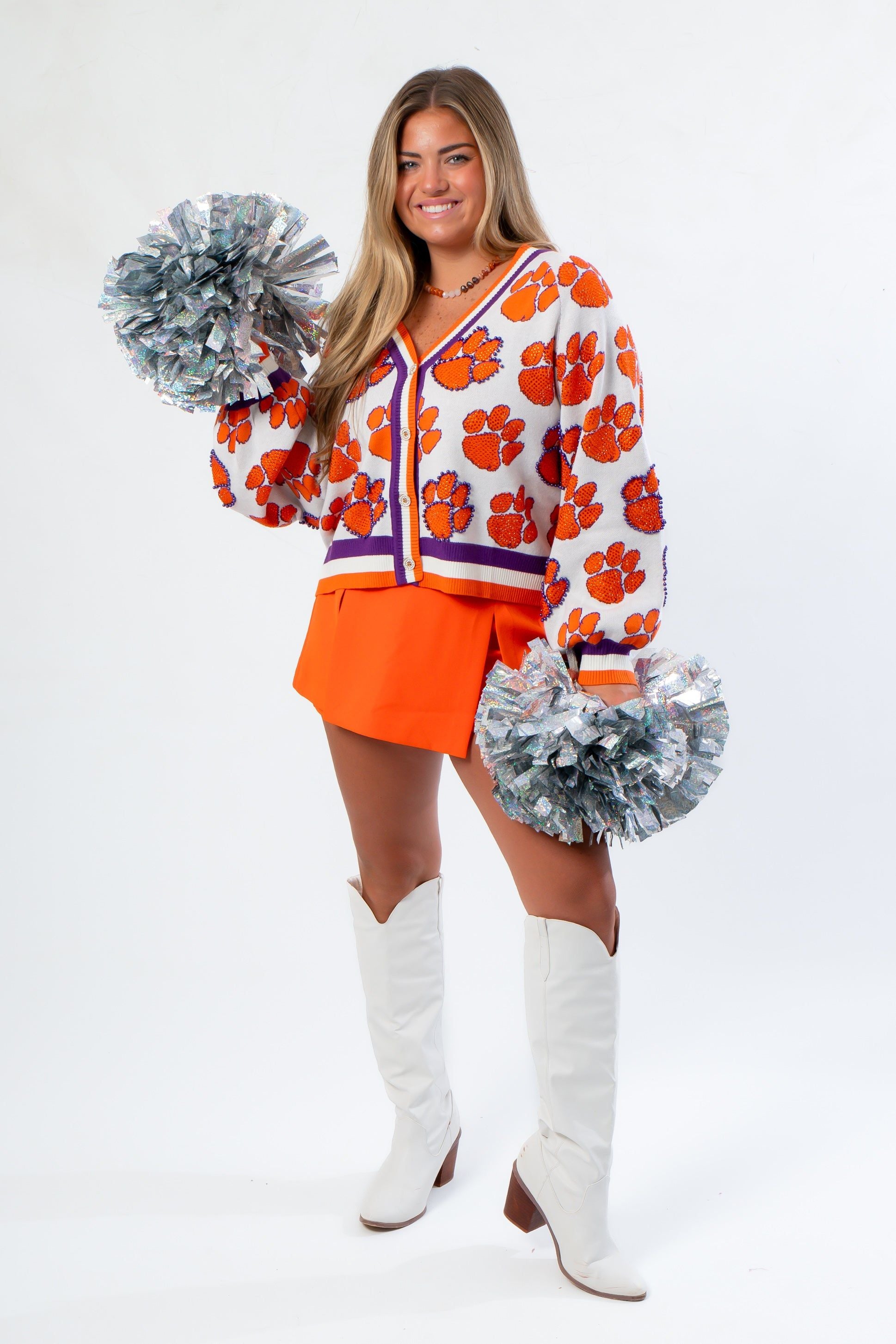 Oversized Queen of Sparkles Clemson Mascot Rhinestone Cardigan with vibrant tiger paw details, ideal for fans wanting standout gameday style.