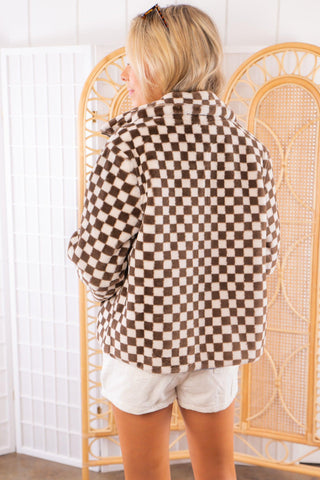 It All Checks Out Brown Checked Zip Jacket-Mystree-L. Mae Boutique
